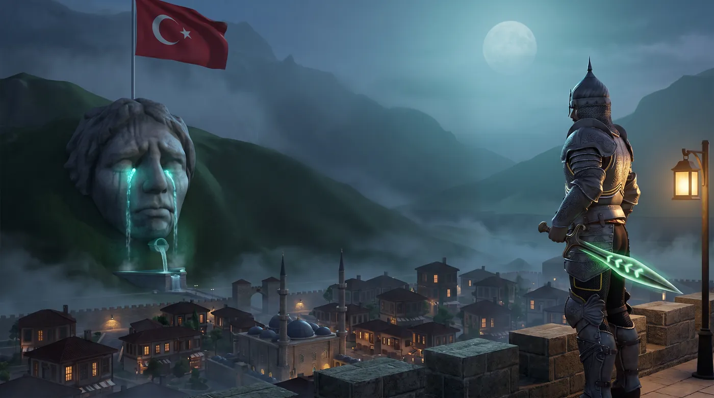 Gece; dağın yamacındaki Ağlayan Kaya'dan gözyaşı akıyor, surların üstünde nöbet tutan bir Alp şehre bakıyor